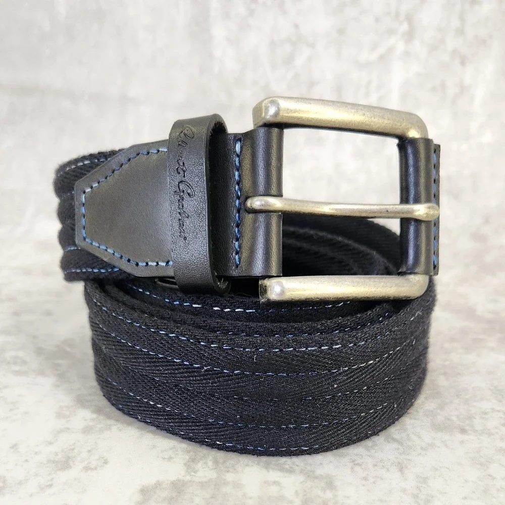 Robert Graham Belt Mens 42 Black  Herringbone Canvas Leather Double Prong Preppy